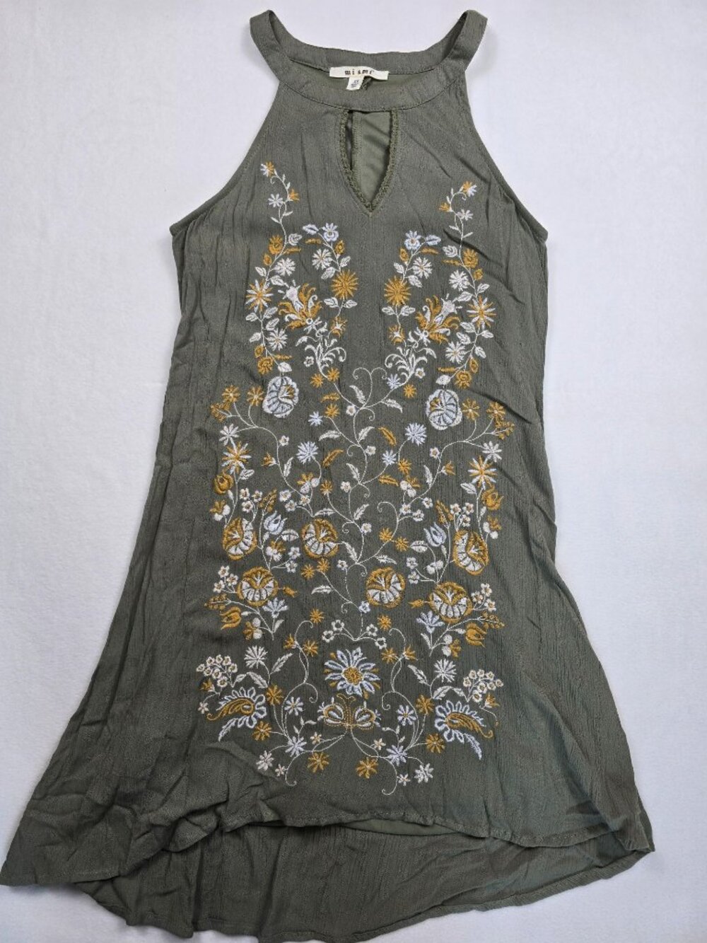 Miami Francescas Sleeveless Olive Green Floral Embroidered Dress XS Boho